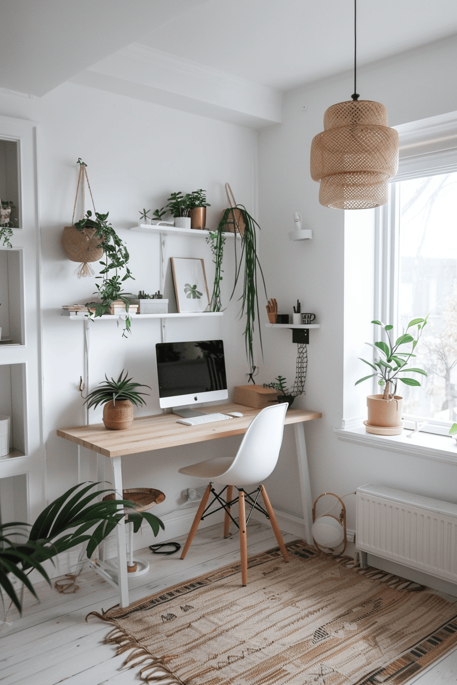 modern cozy Scandinavian Home Office, small storage solution, minimal