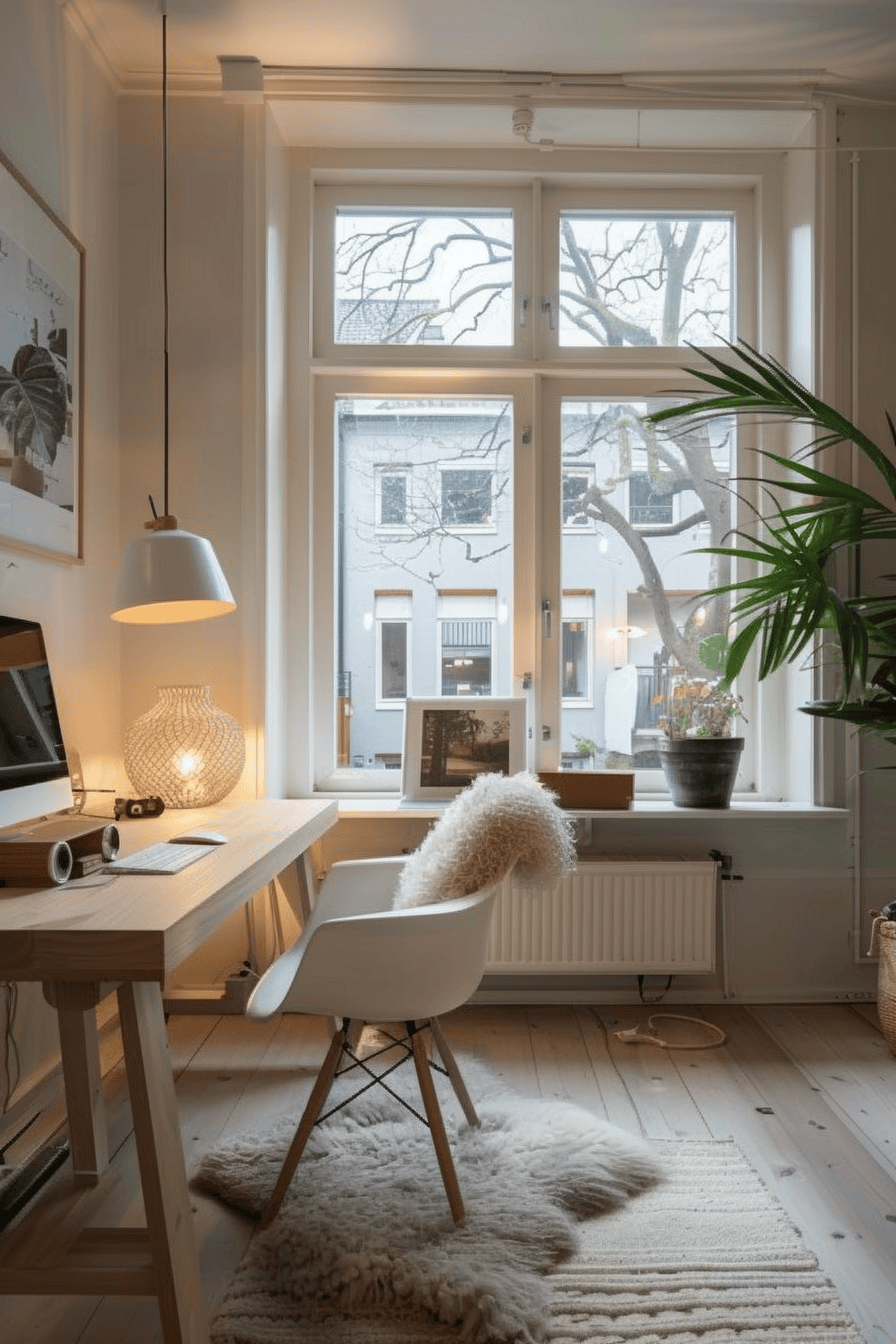 modern cozy Scandinavian Home Office, task lighting ambient