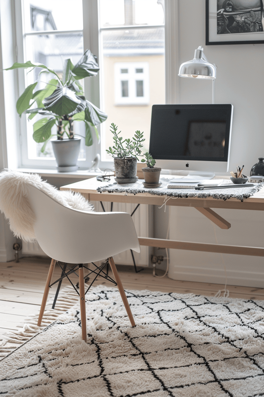 modern cozy Scandinavian Home Office, textured rug