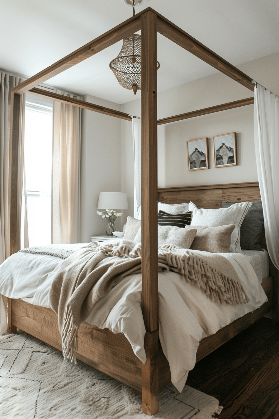 modern cozy bedroom, 4 poster bedframe