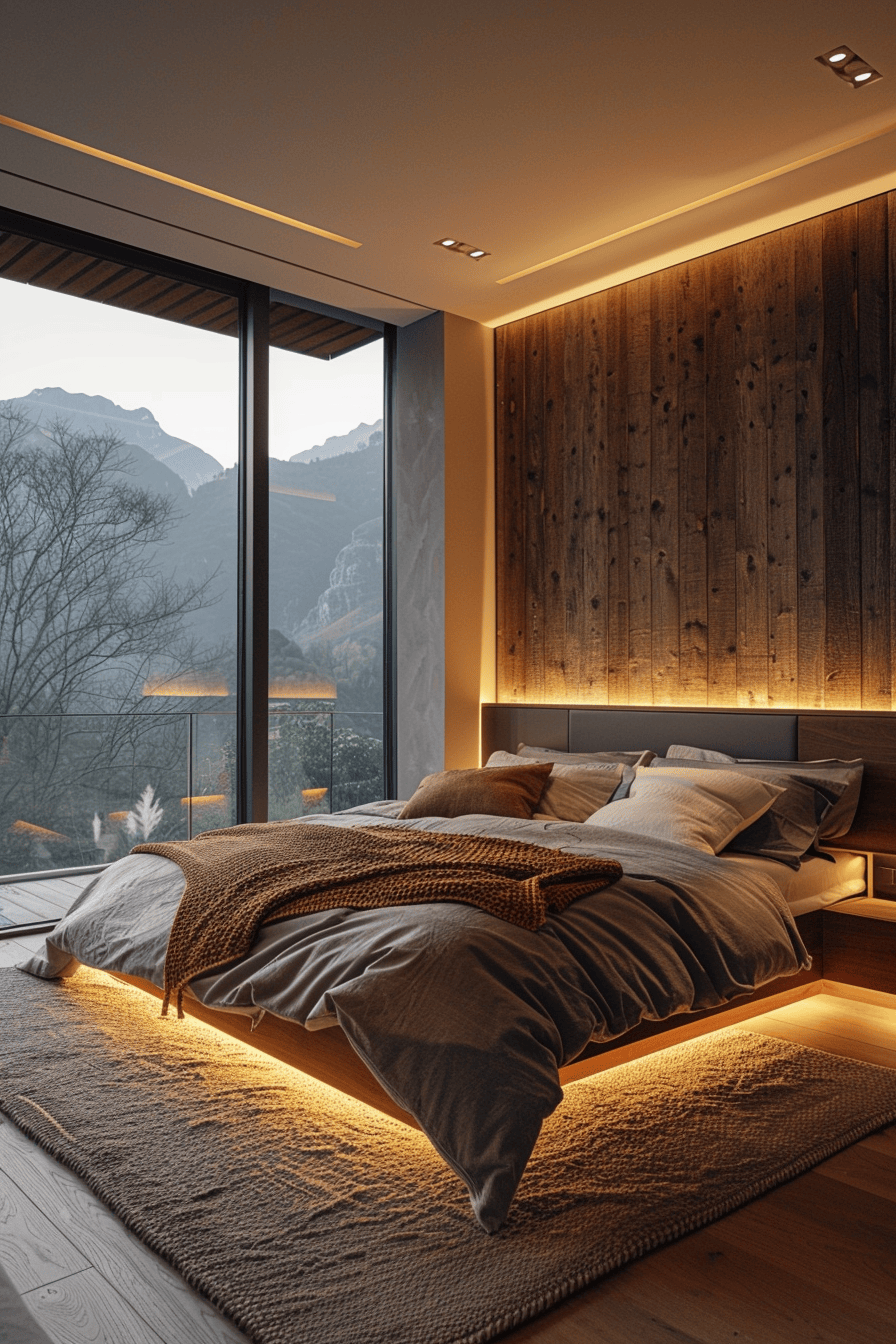 modern cozy bedroom, ambient lighting