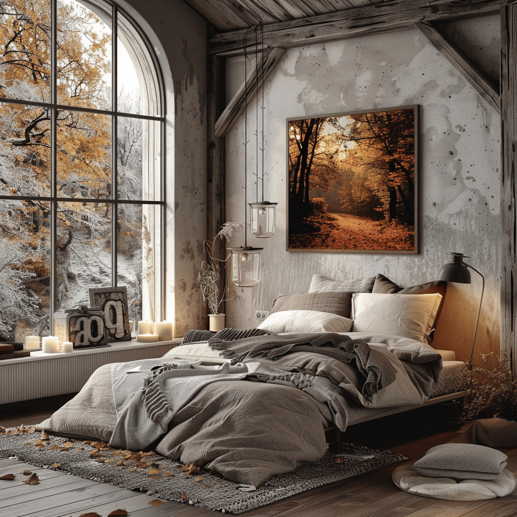 modern cozy bedroom, autumn cover