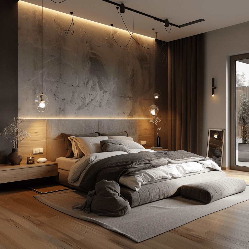 modern cozy bedroom, balanced, welcoming interior