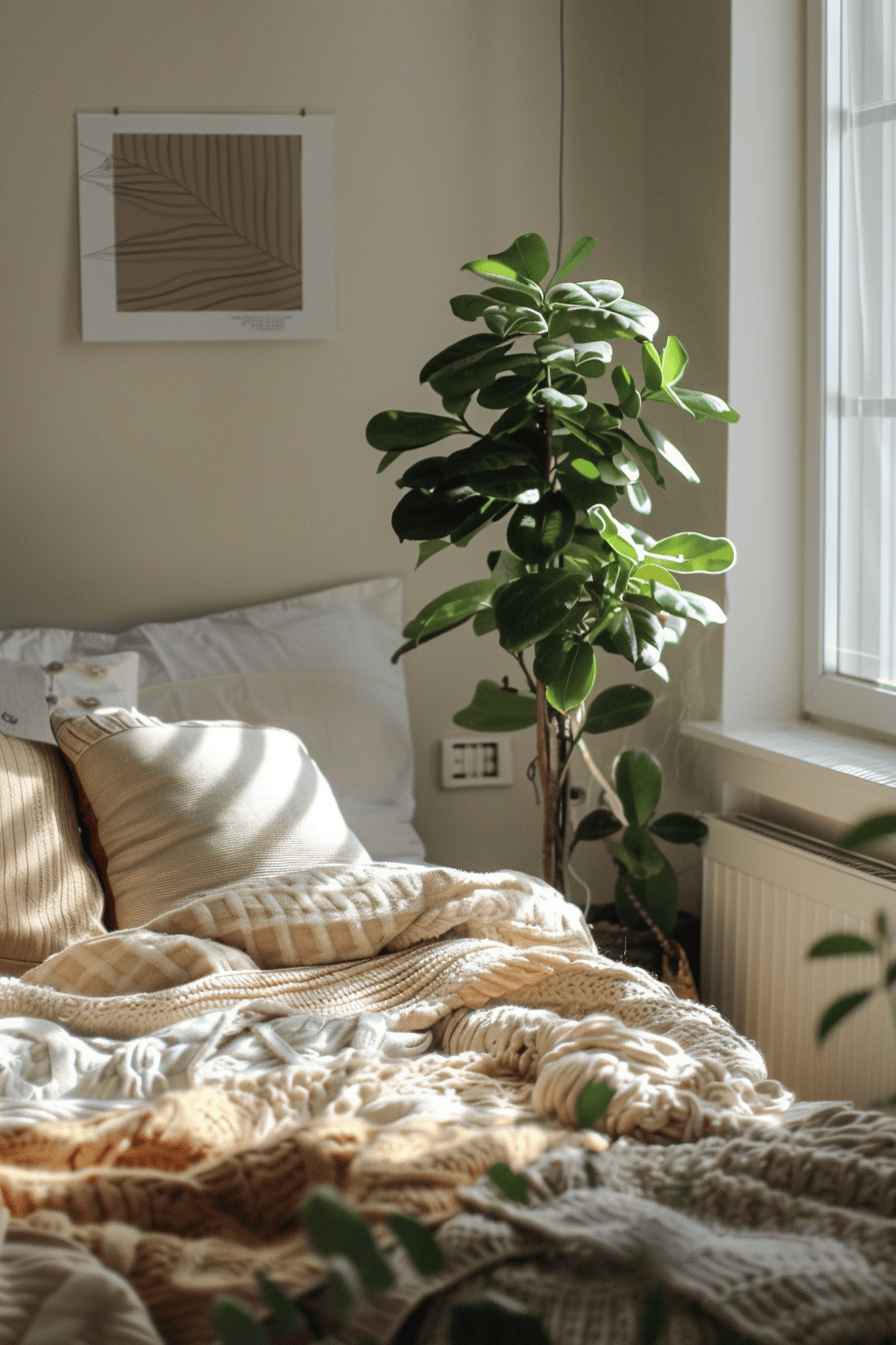 modern cozy bedroom, beautiful small plant