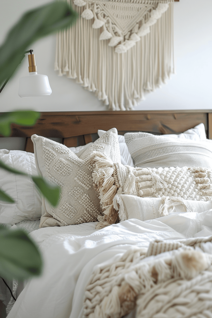 modern cozy bedroom, boho pillows