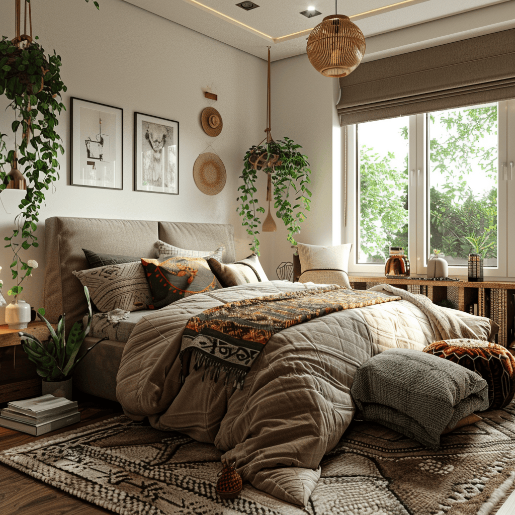 modern cozy bedroom, boho retreat