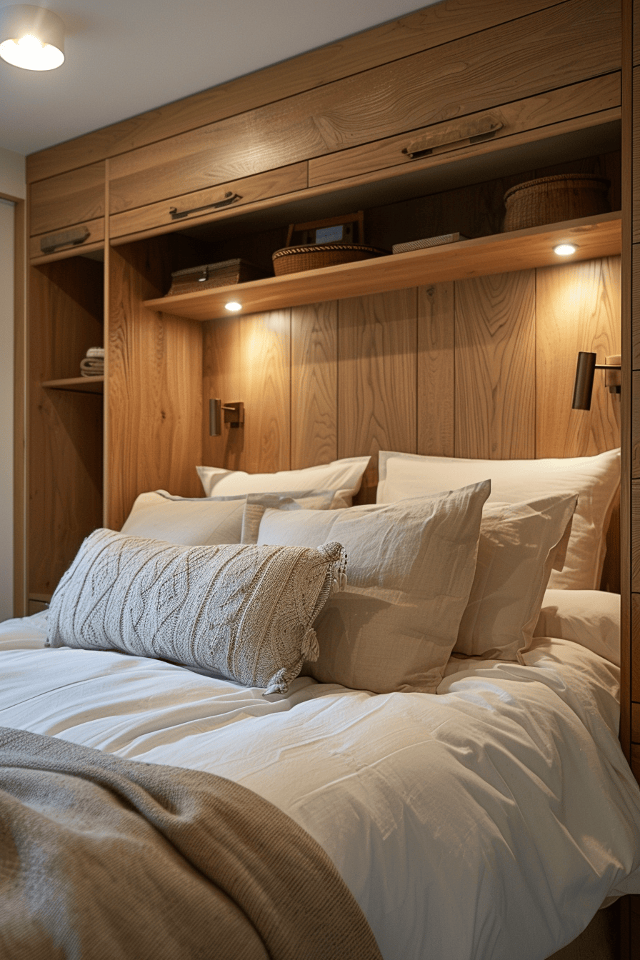 modern cozy bedroom, built in wardrobe shelving