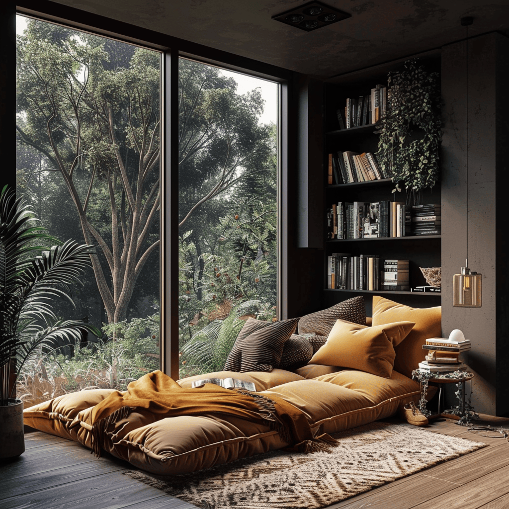 modern cozy bedroom, cozy reading nook