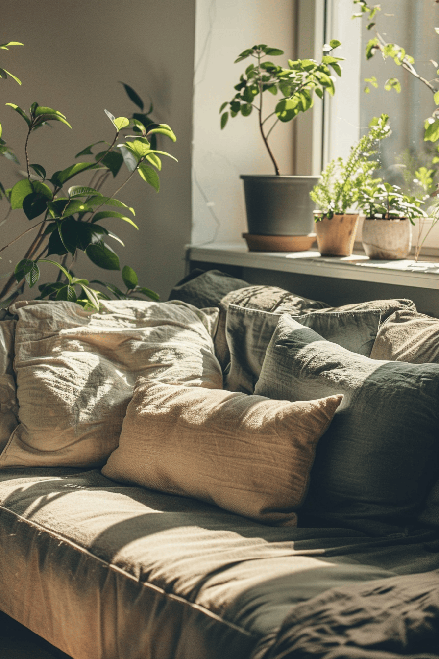 modern cozy bedroom, fresh plants