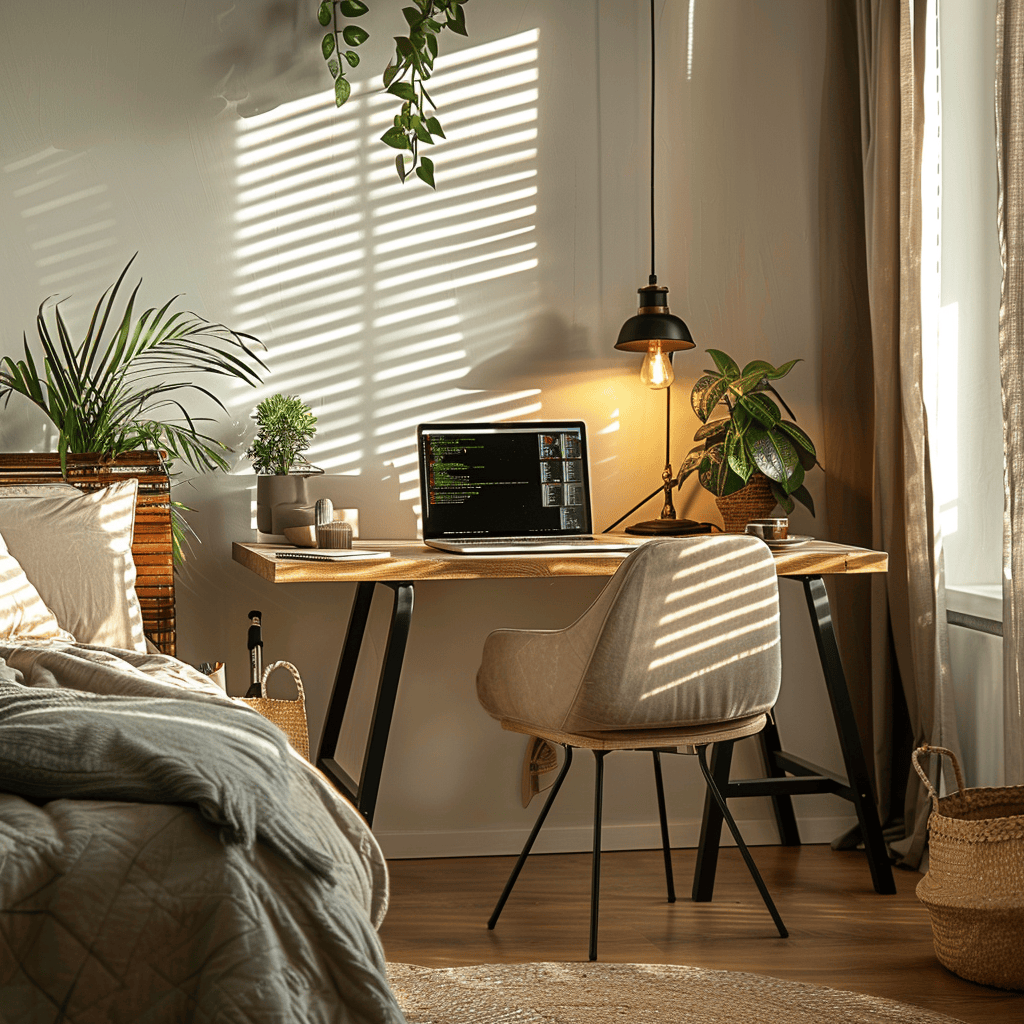 modern cozy bedroom, handmade desk