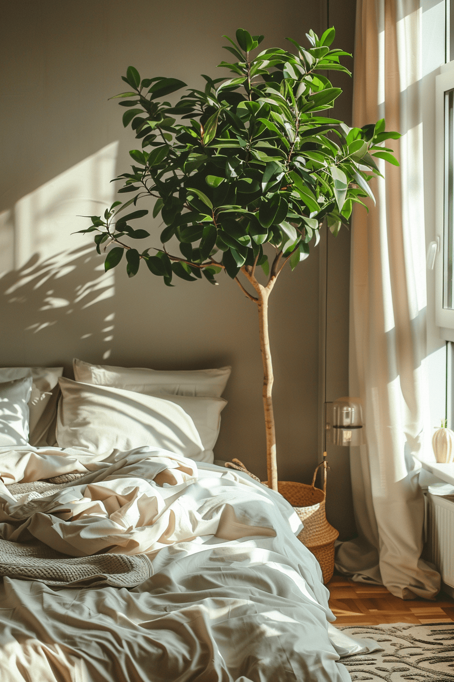 modern cozy bedroom, indoor plant