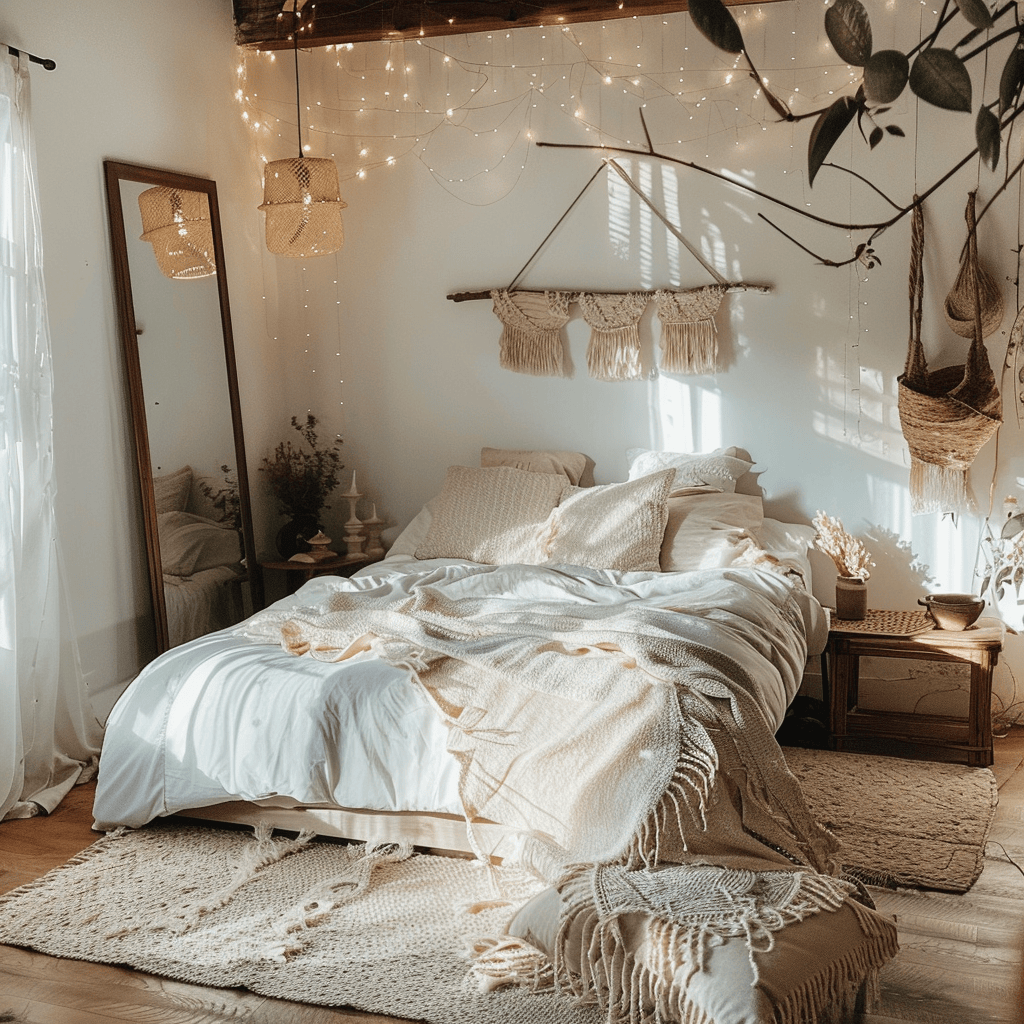 modern cozy bedroom, inviting cozy boho vibe