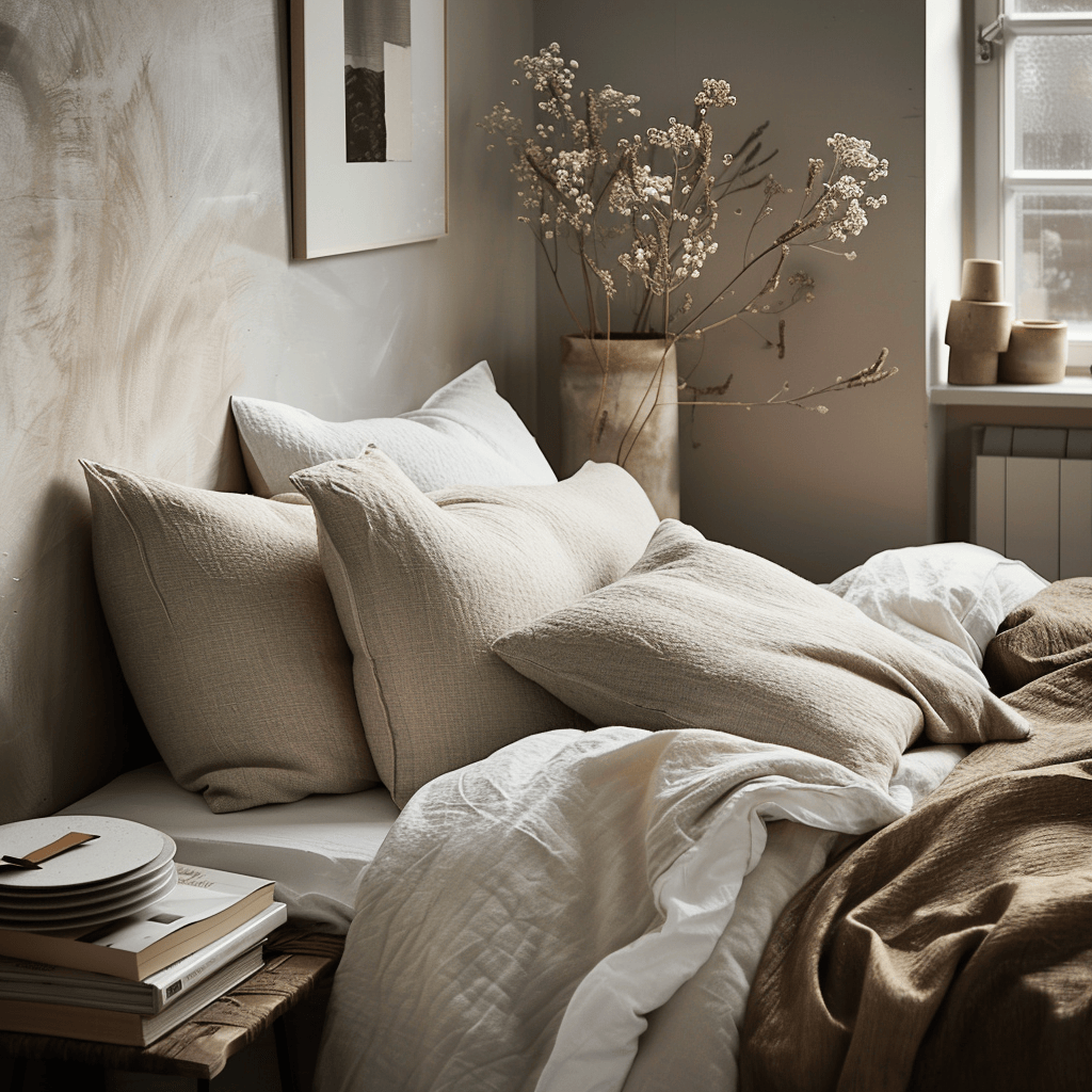 modern cozy bedroom, linen pillows and cozy throw