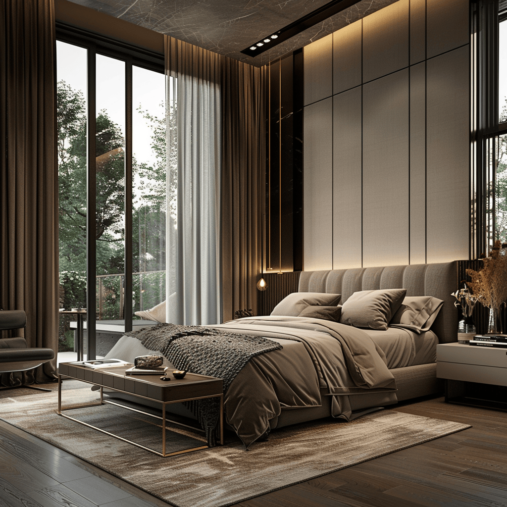 modern cozy bedroom, luxury floor to ceiling curtains