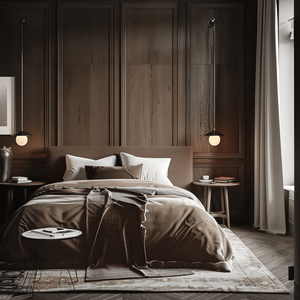 modern cozy bedroom, luxury panelling