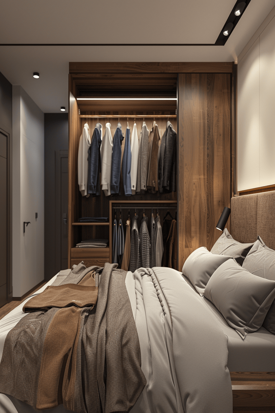 modern cozy bedroom, luxury wardrobe