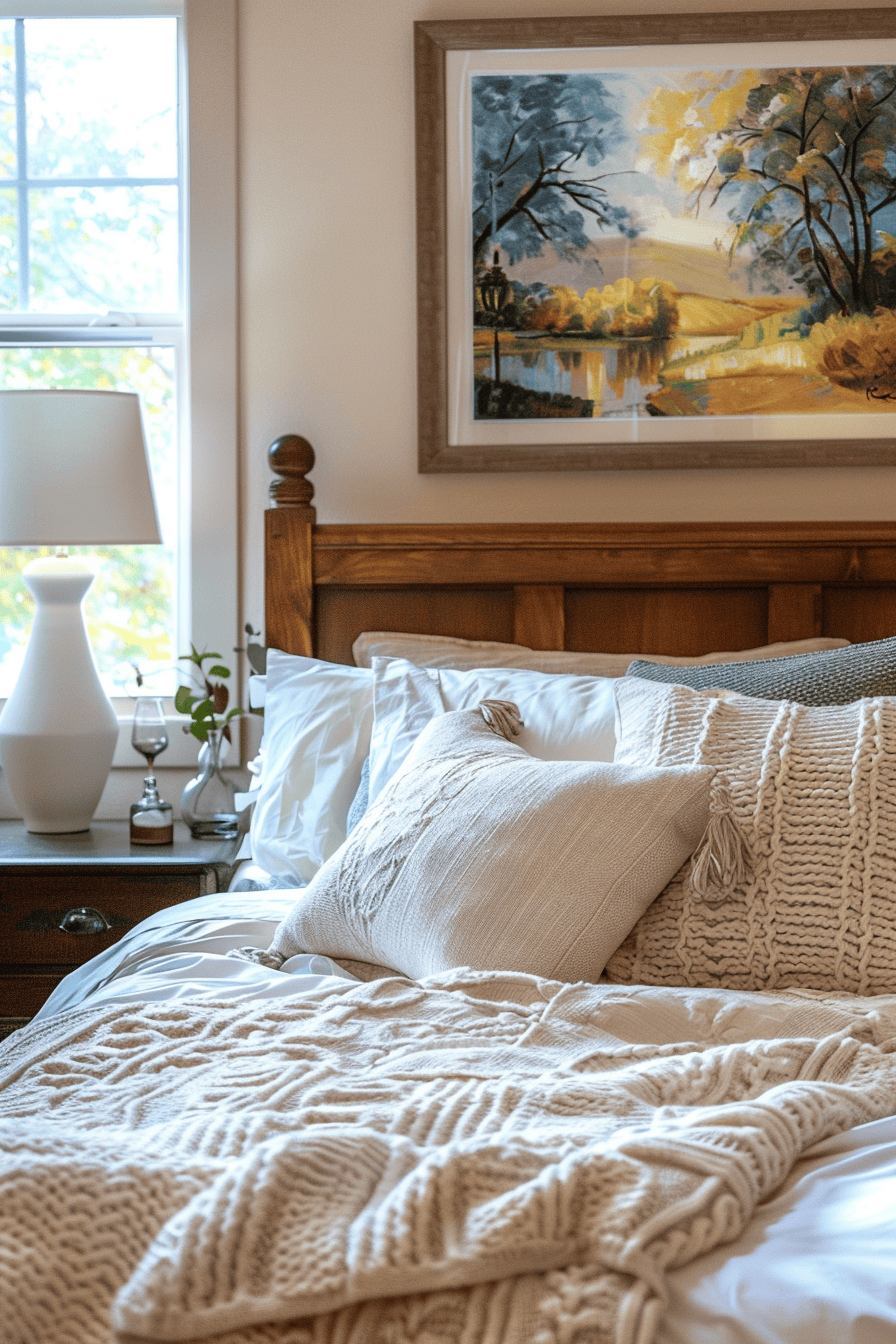 modern cozy bedroom, monet style artwork