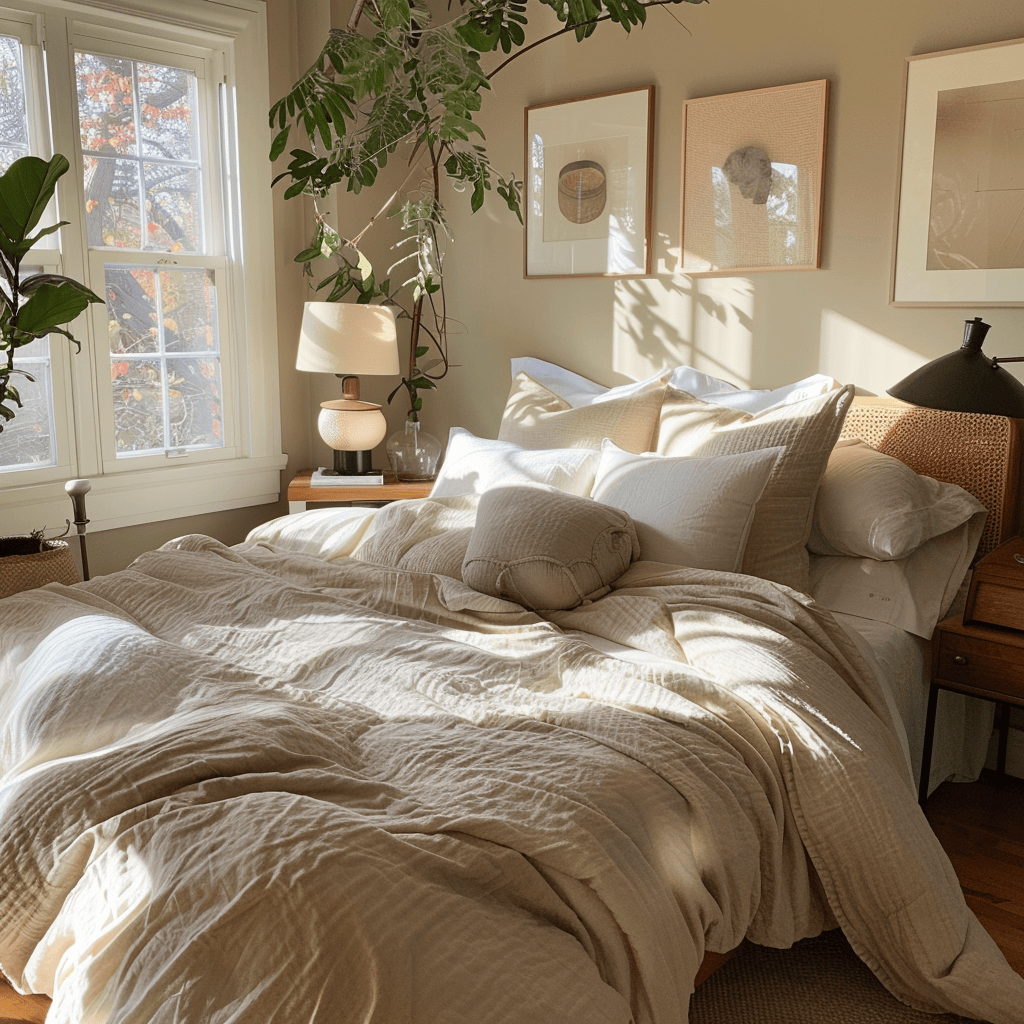 modern cozy bedroom, organic bedding