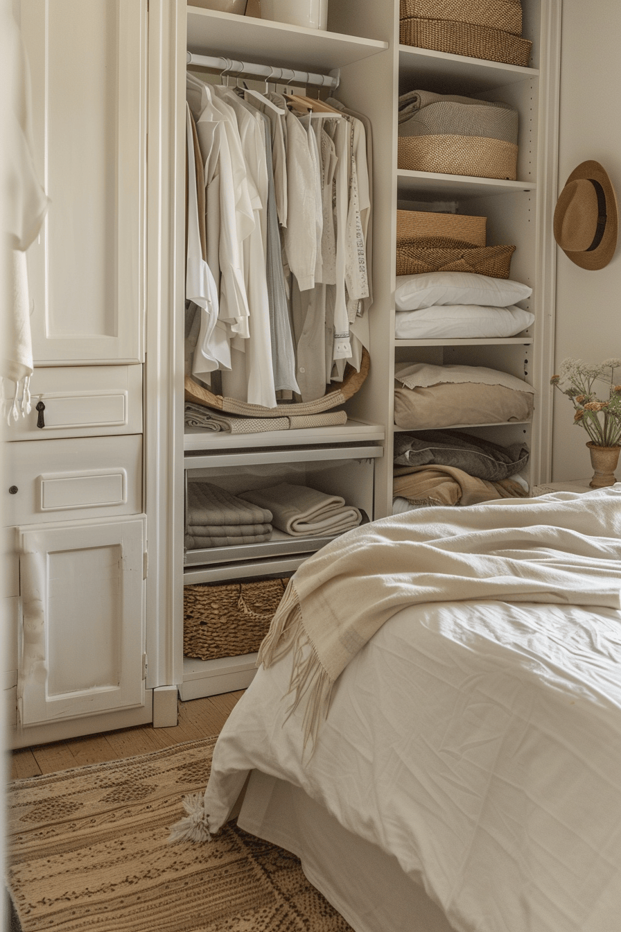 modern cozy bedroom, organised closet