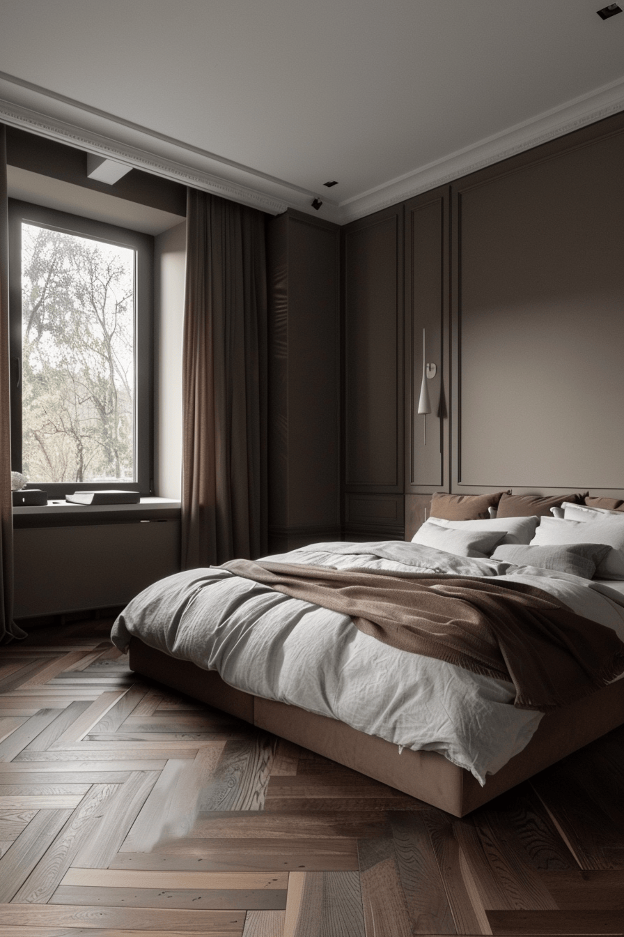 modern cozy bedroom, parquet flooring