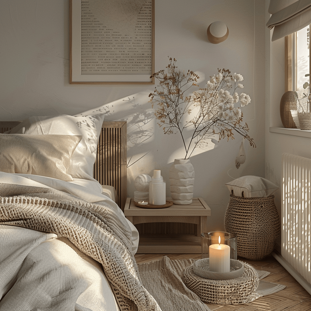 modern cozy bedroom, scented candle