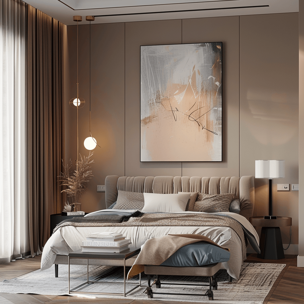 modern cozy bedroom, soft pastels