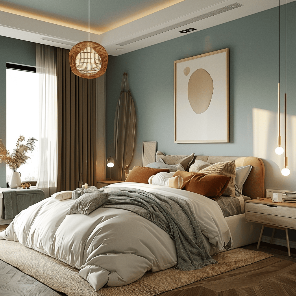 modern cozy bedroom, soothing color palette