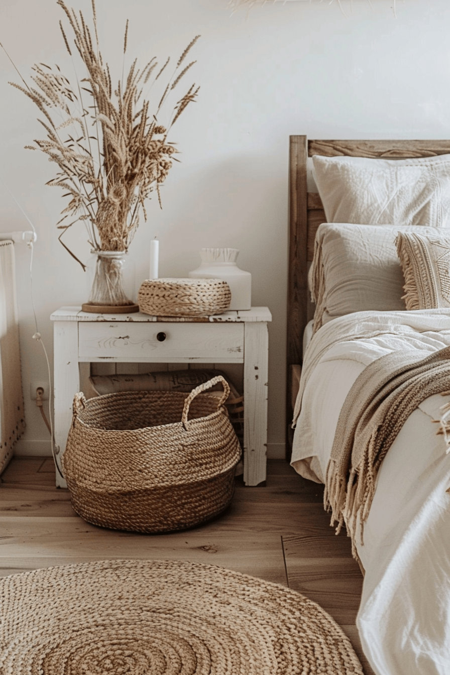 modern cozy bedroom, storage basket