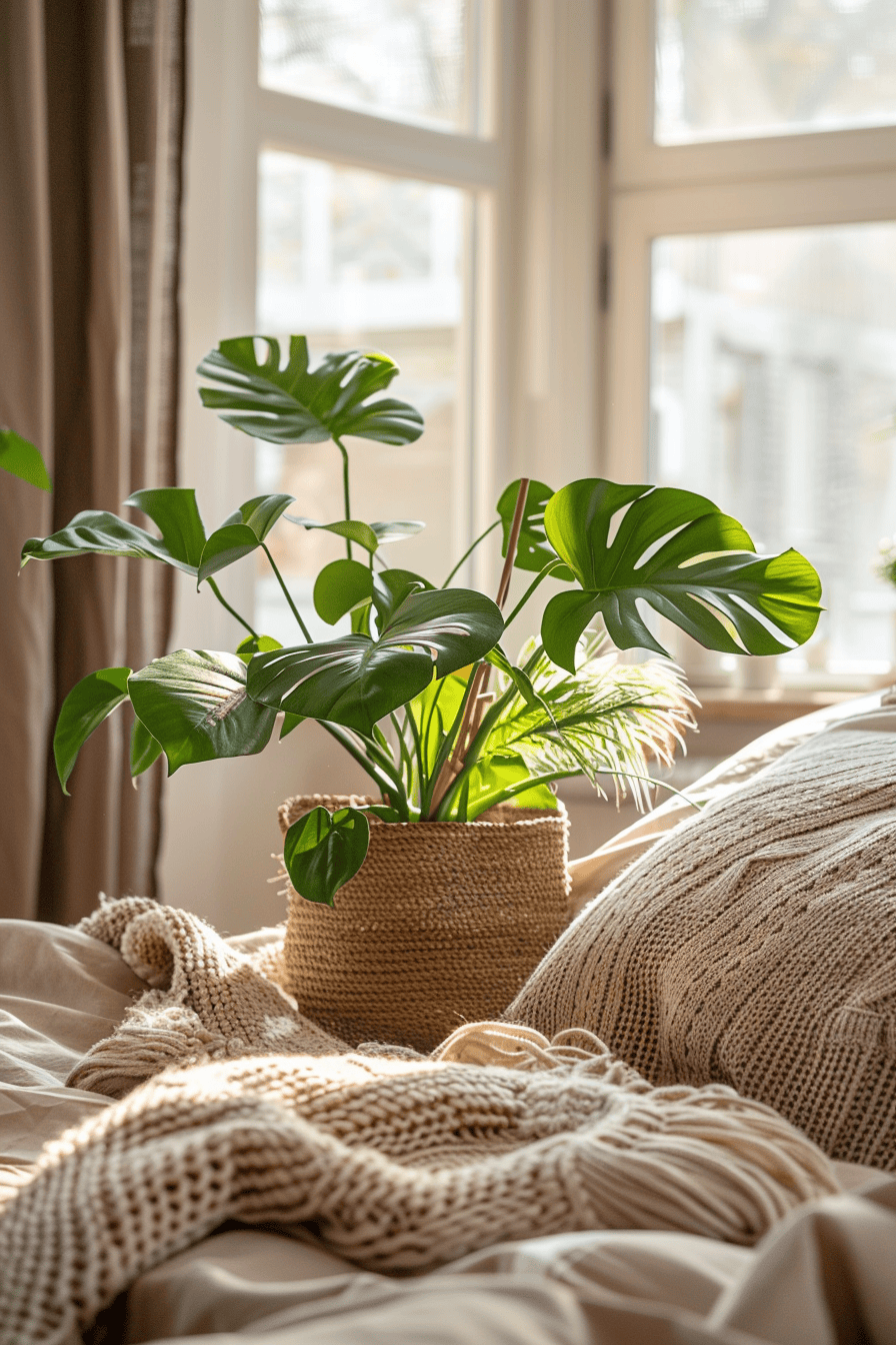 modern cozy bedroom, stylish plant pot