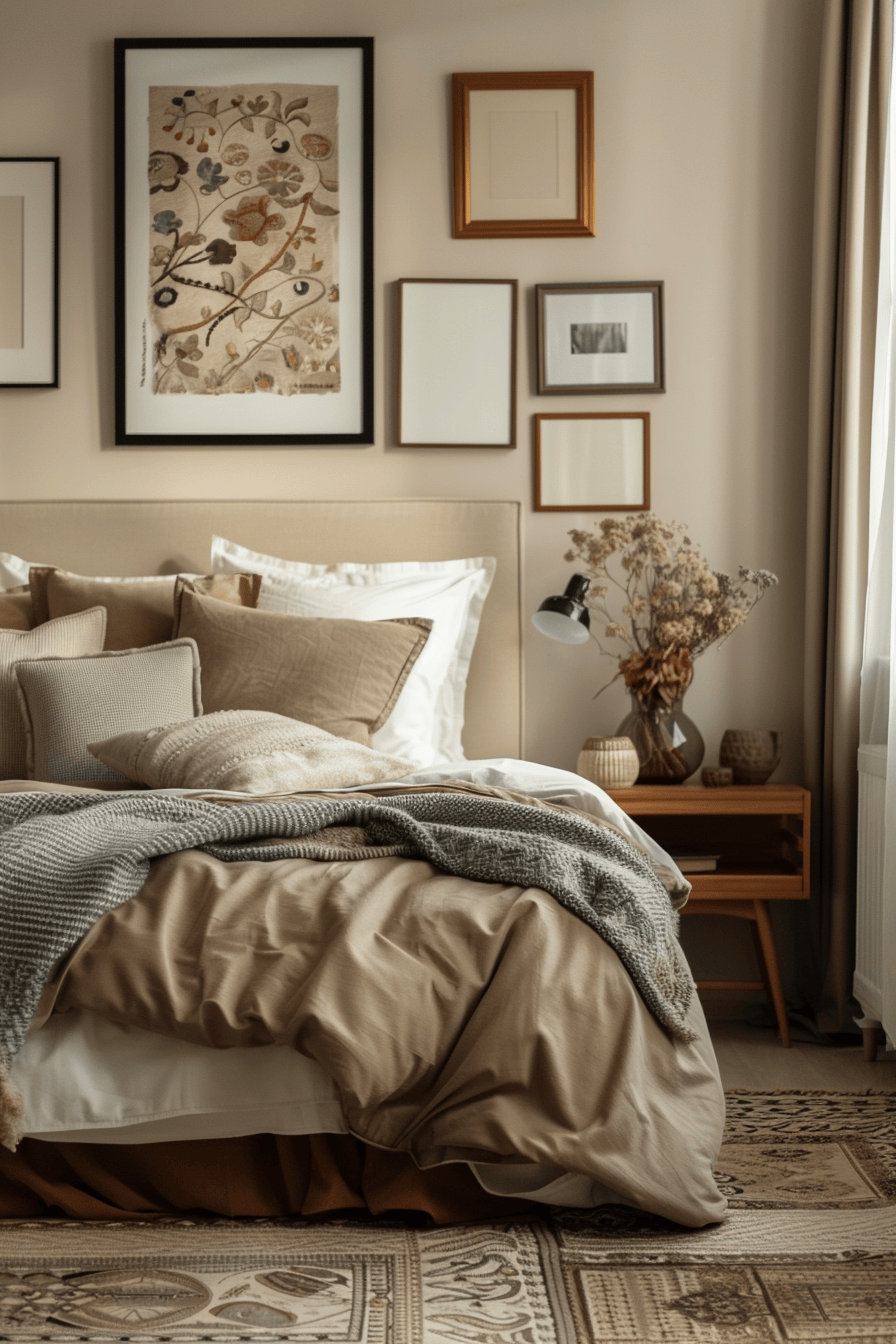 modern cozy bedroom, vibrant gallery wall in beige room