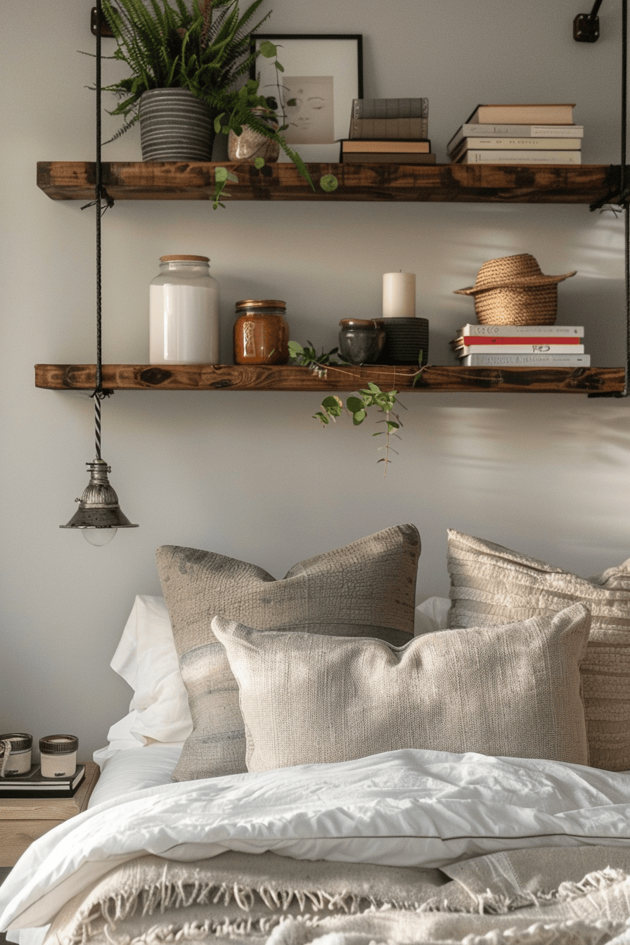 modern cozy bedroom, wall mounted shelves