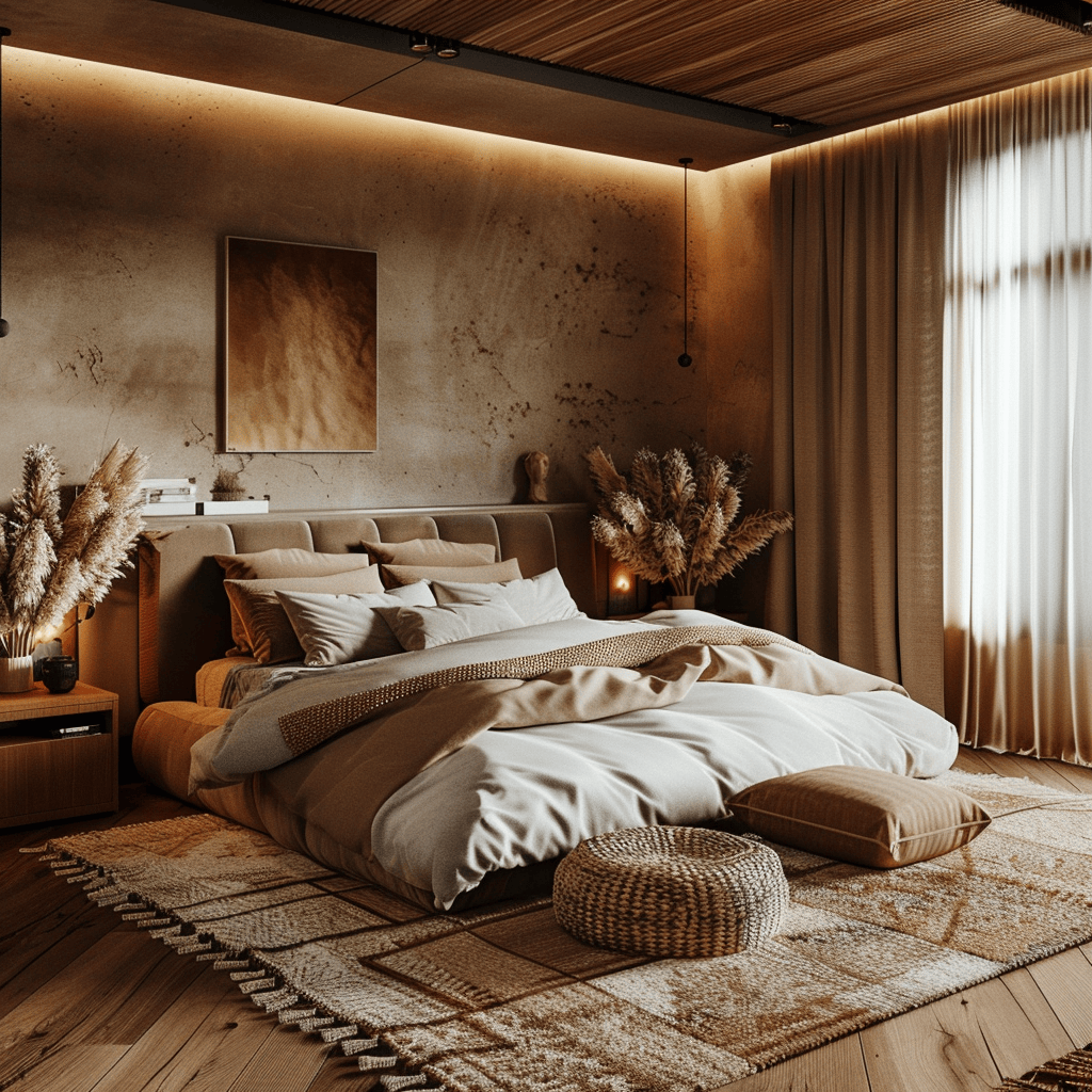 modern cozy bedroom, warm tones