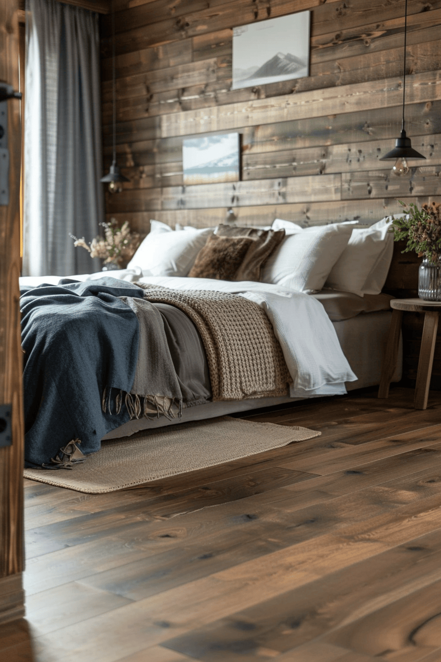 modern cozy bedroom, wood flooring